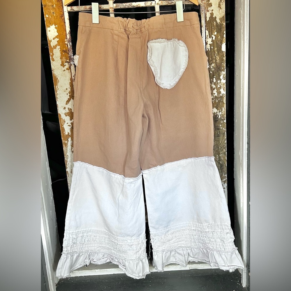 Boho Festival Flare Pants Heart Patch Lace Ruffle Hem Hippie Wide Leg - Picture 6 of 10